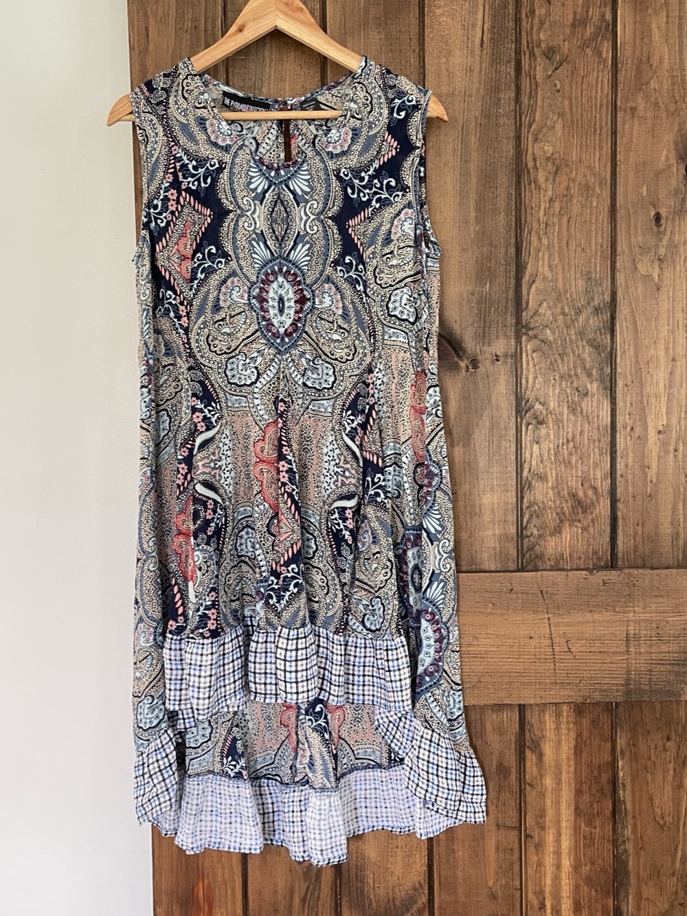 Pyramid Collection Ruffle Hem Hi Lo Paisley Floral Plaid Tank Dress Large Boho